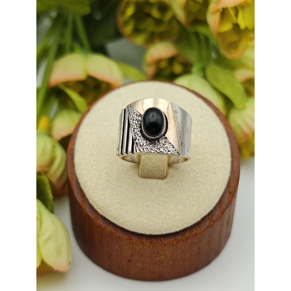 Artisan Handmade Black Onyx Ring Sterling Silver 18K Gold Accent Size 4.5 Boho